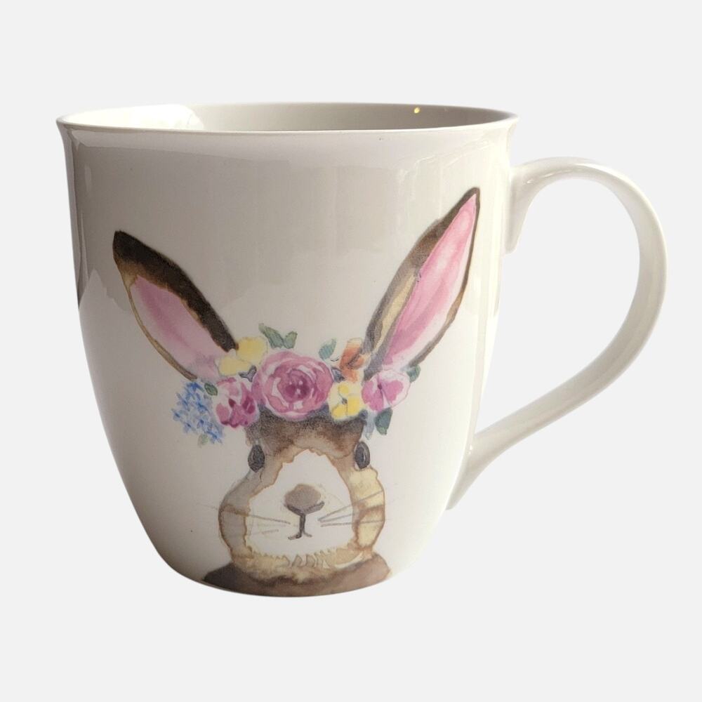 Ciroa Coffee Mug White Stoneware Floral Bunny Rabbit Easter Spring Medium